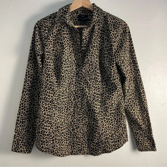 J. Crew Tops - J Crew Curvy Leopard Print Button Up Blouse 4T Cotton Long Sleeve Office Career